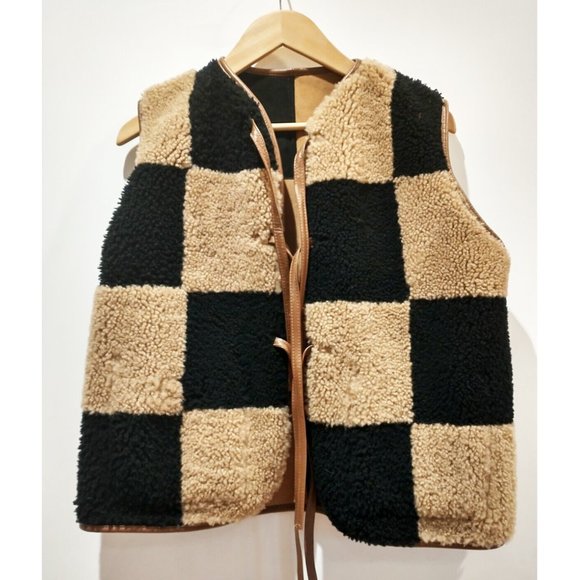 NWT Cawley Studio 'Ella' Patchwork checked checkerboard checker Shearling Vest - Picture 3 of 10